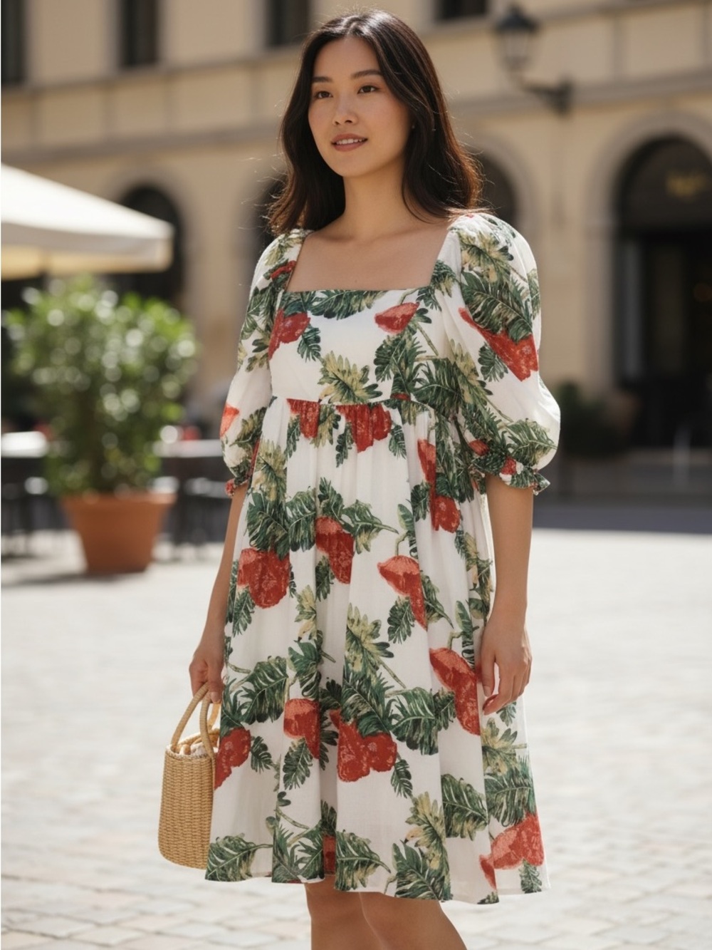 Akaiv Bohemian Floral Tropical Puff Sleeve Dress Smocked Size Medium